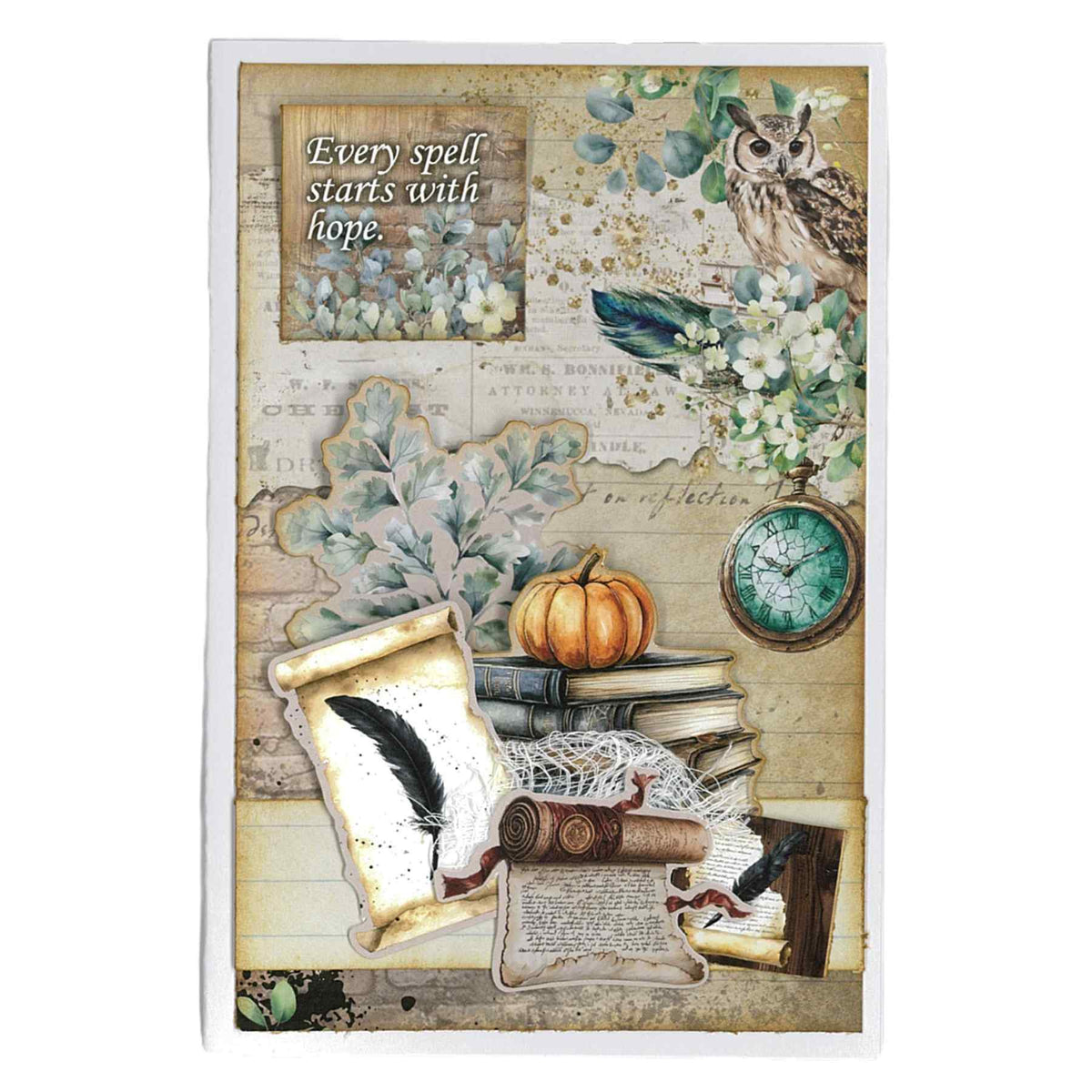 Wand Academy sample card with an owl, books, pumpkin and “Every spell starts with hope” message