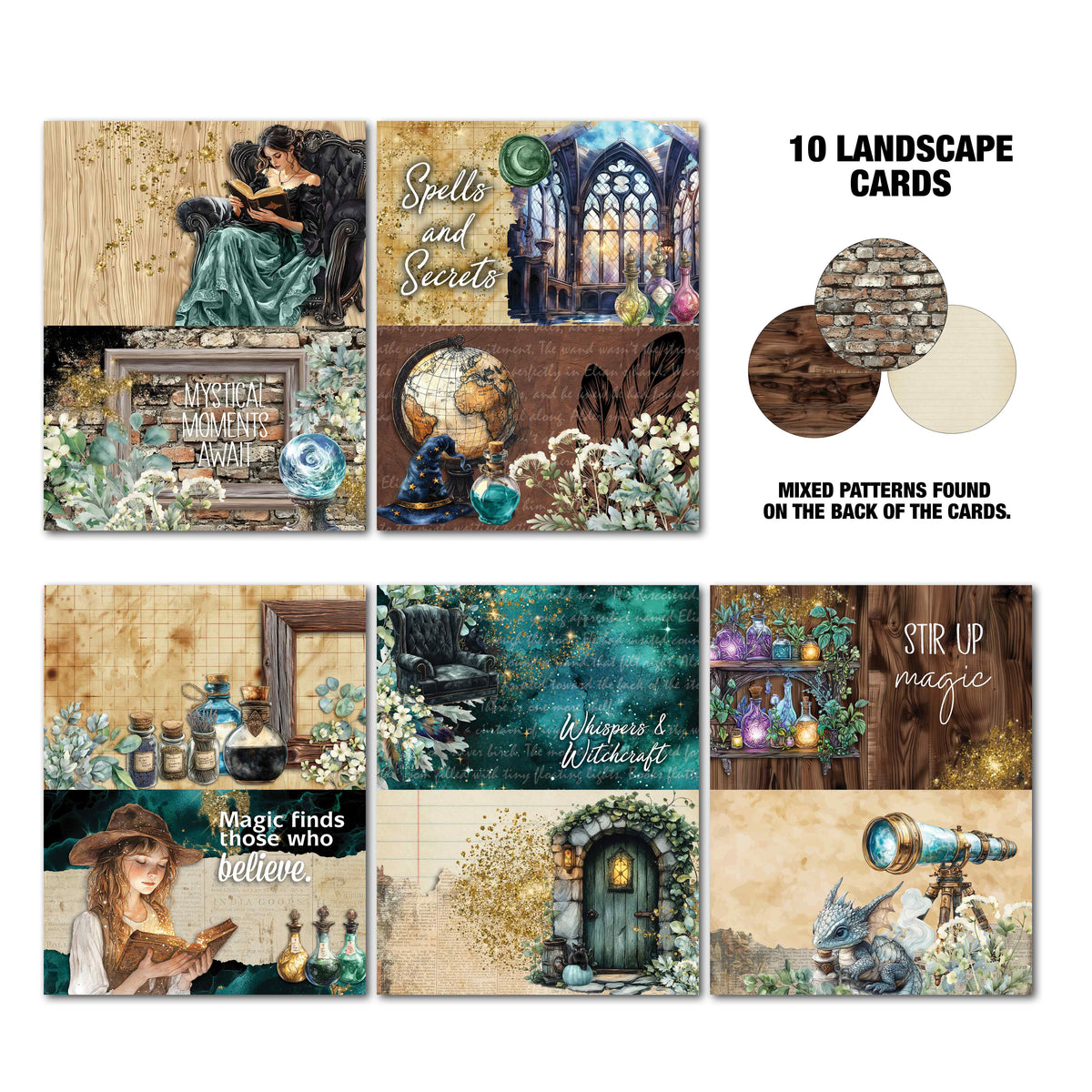 Wand Academy Gimme More landscape cards with magical scenes and mixed reverse patterns