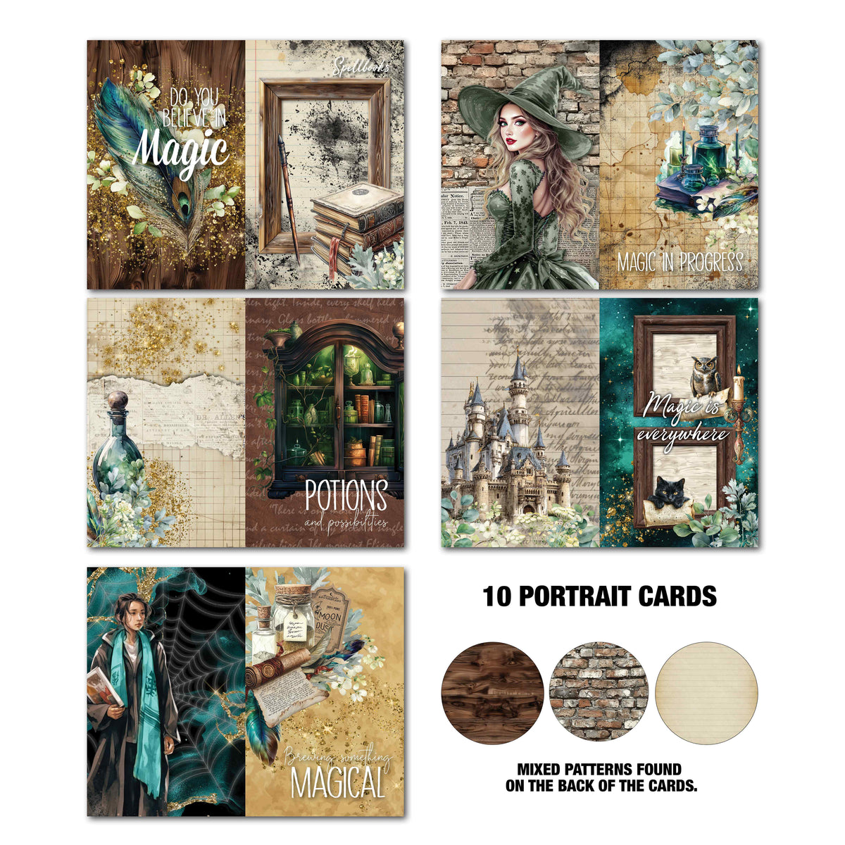 Wand Academy Gimme More portrait cards with potion, castle, owl and storybook designs