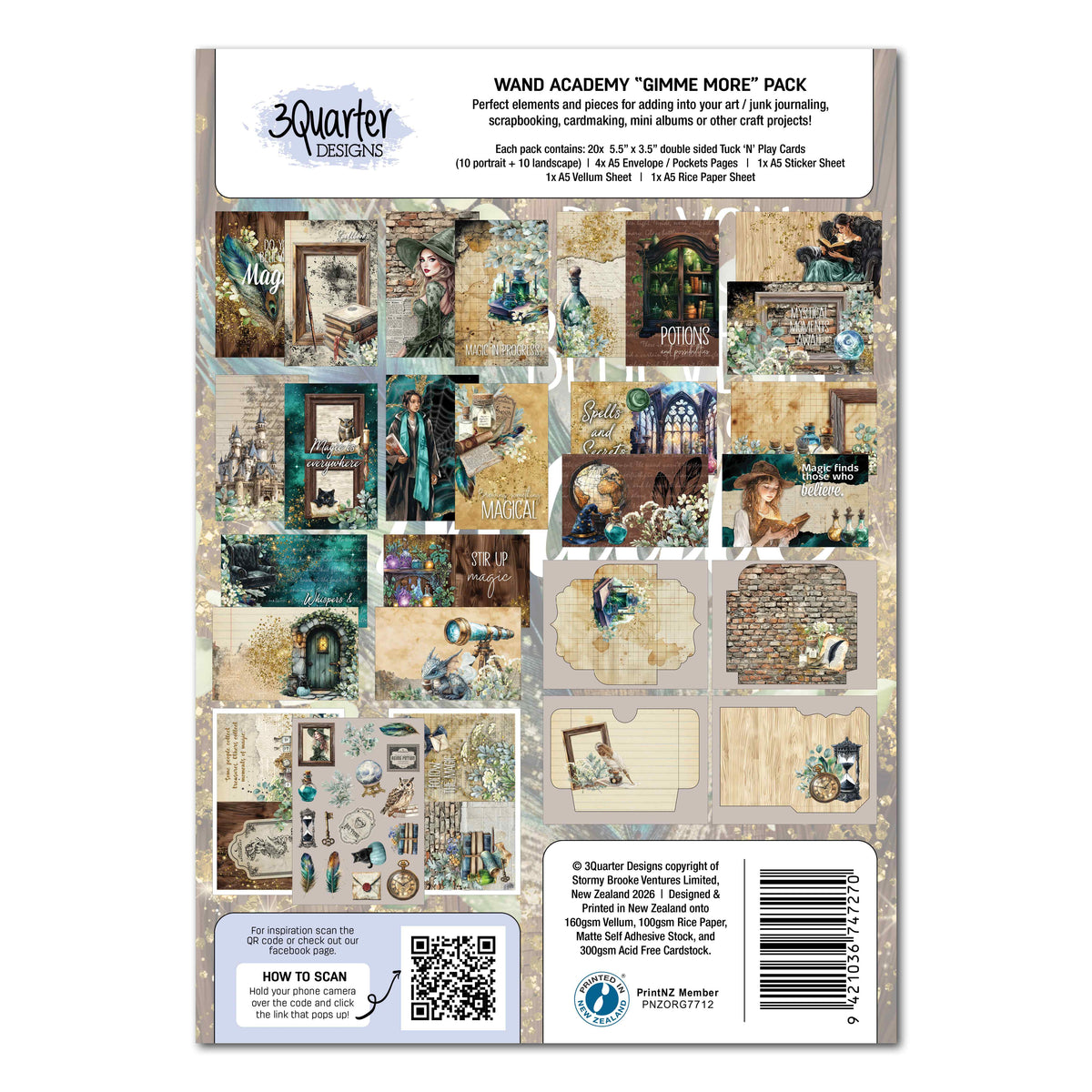 Wand Academy Gimme More pack reverse showing the card designs, pocket pages and printed contents list