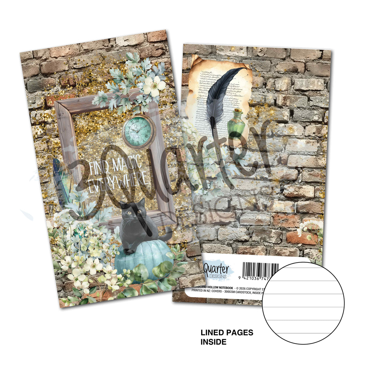 3Quarter Designs Wand Academy Mini Notebook showing the black cat and pale blue pumpkin front cover, illustrated back cover and lined pages