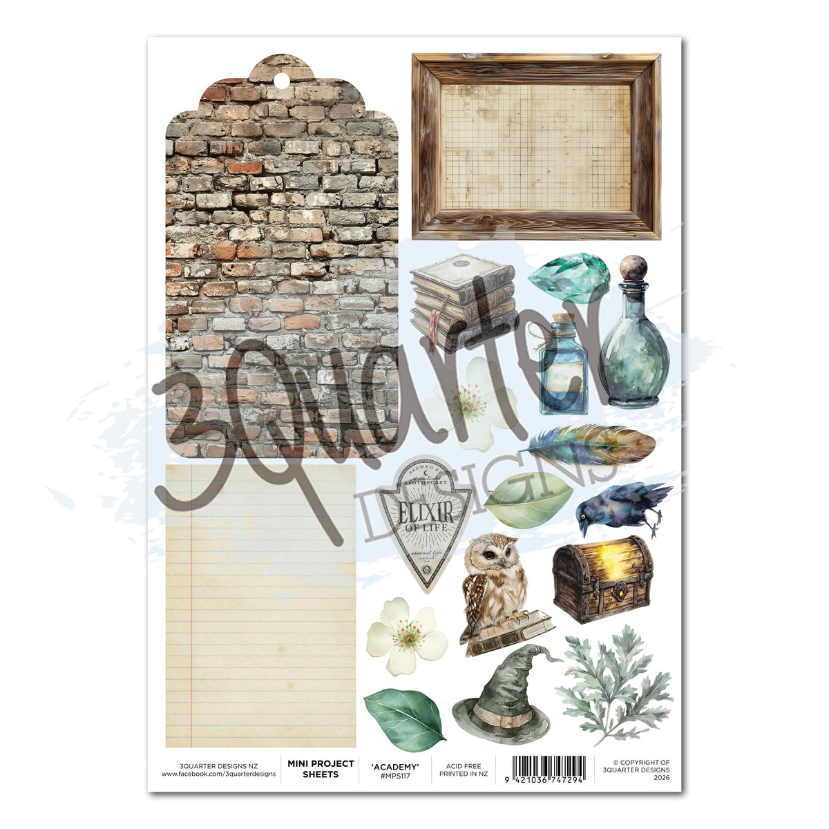 3Quarter Designs Wand Academy Mini Project Sheet with a brick-wall tag, wooden frame, lined panel, owl, books, bottles, feathers and treasure chest
