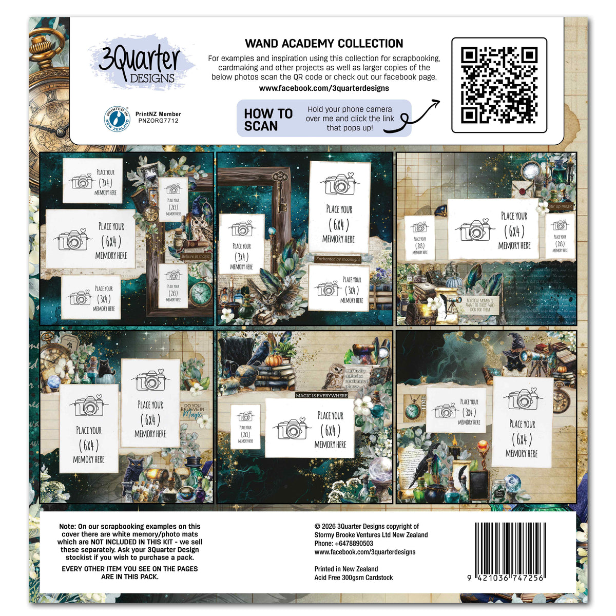 Wand Academy scrapbook kit packaging back showing sample layouts and the note about white photo mats