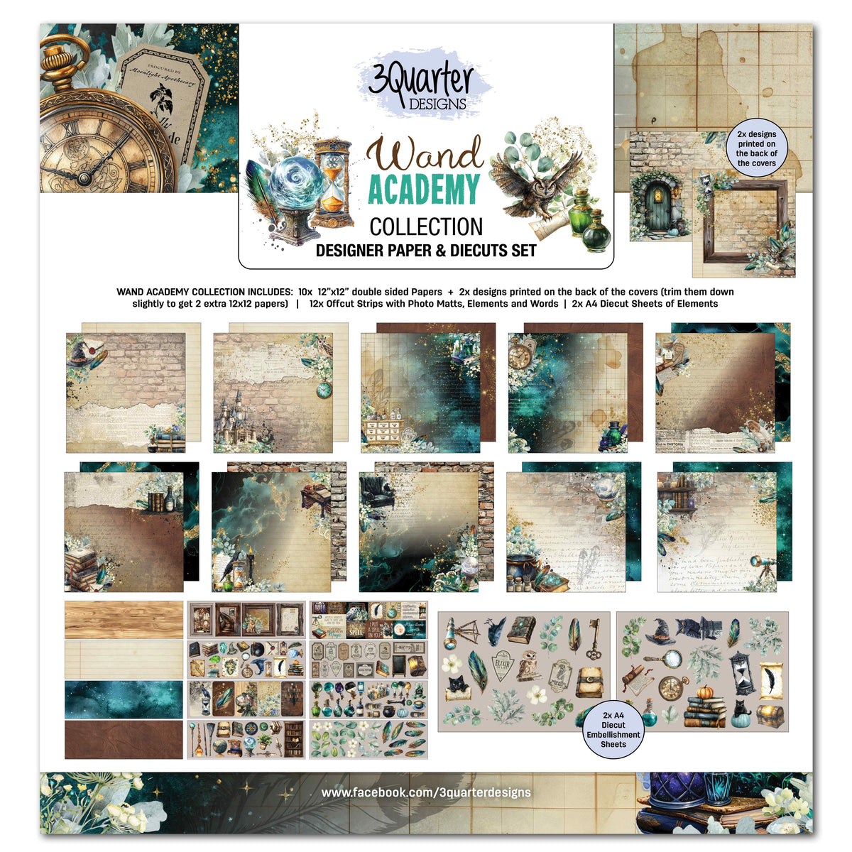 3Quarter Designs Wand Academy Scrapbook Collection Kit cover showing vintage-style paper designs and decorative elements in teal and parchment tones, with flowers, compass details and small illustrations.
