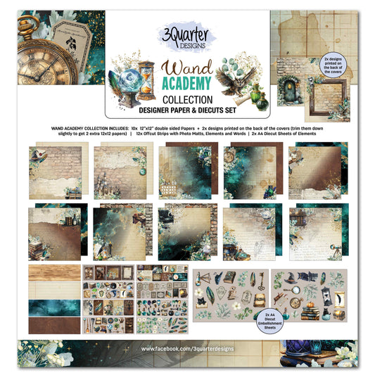 3Quarter Designs Wand Academy Scrapbook Collection Kit cover showing vintage-style paper designs and decorative elements in teal and parchment tones, with flowers, compass details and small illustrations.