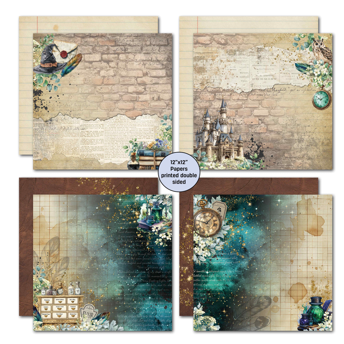 Wand Academy vintage-style double-sided scrapbook papers shown in a 2x2 collage, each with a different illustrated design: brick wall with bird and letter, castle with clock, teal watercolor with gold glitter, and teal grid with floral accents. A central label reads “12” x 12” Papers printed double sided."