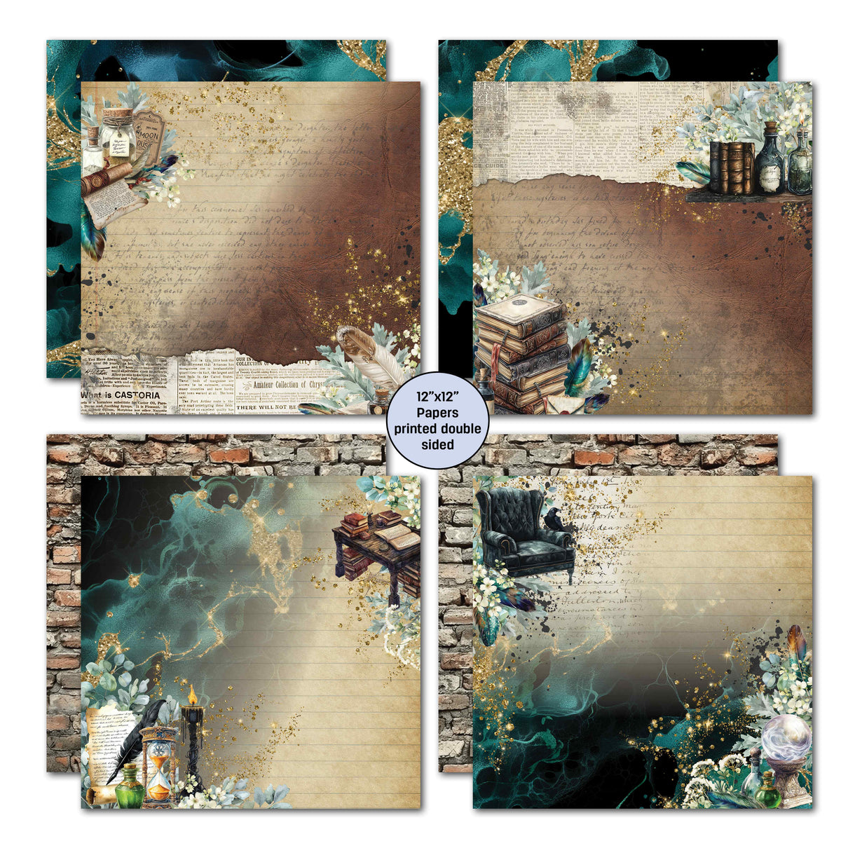 Wand Academy set of four double-sided scrapbook papers shown in a collage layout, featuring vintage bookish and teal abstract designs on a white background with a central label reading '12"x12" Papers printed double sided'.