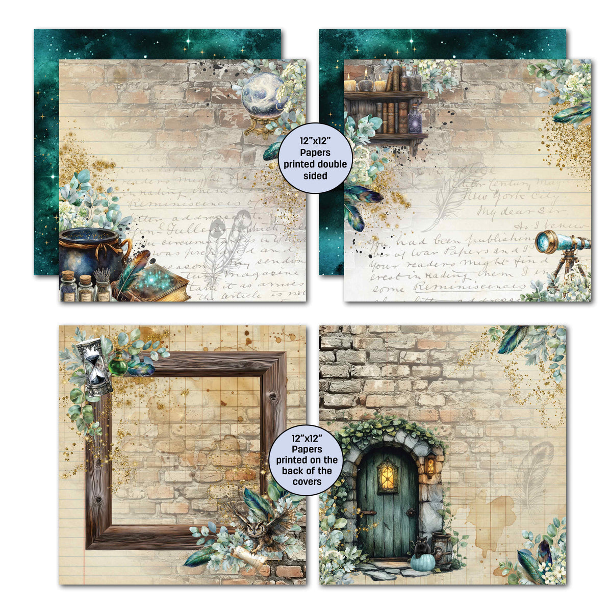 Wand Academy decorative paper/cardstock designs arranged in a 2x2 collage on a white background. The designs feature vintage script, stone textures, floral arrangements, a telescope, a framed empty border, and a small arched doorway with a glowing lantern.