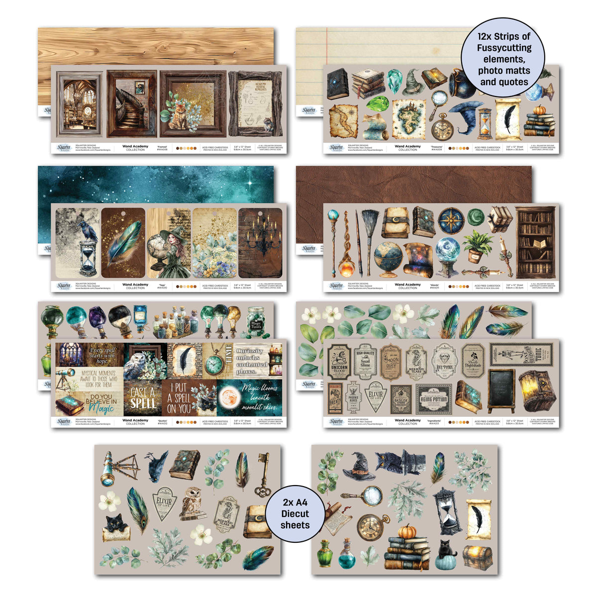 Wand Academy cut-apart strips with photo mats, words and illustrations, alongside two A4 die-cut sheets