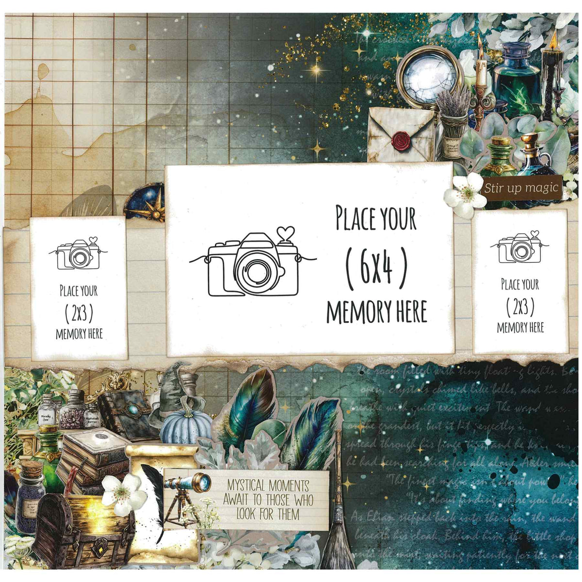 Wand Academy sample scrapbook layout with potion bottles, sealed letter and three white photo placeholders