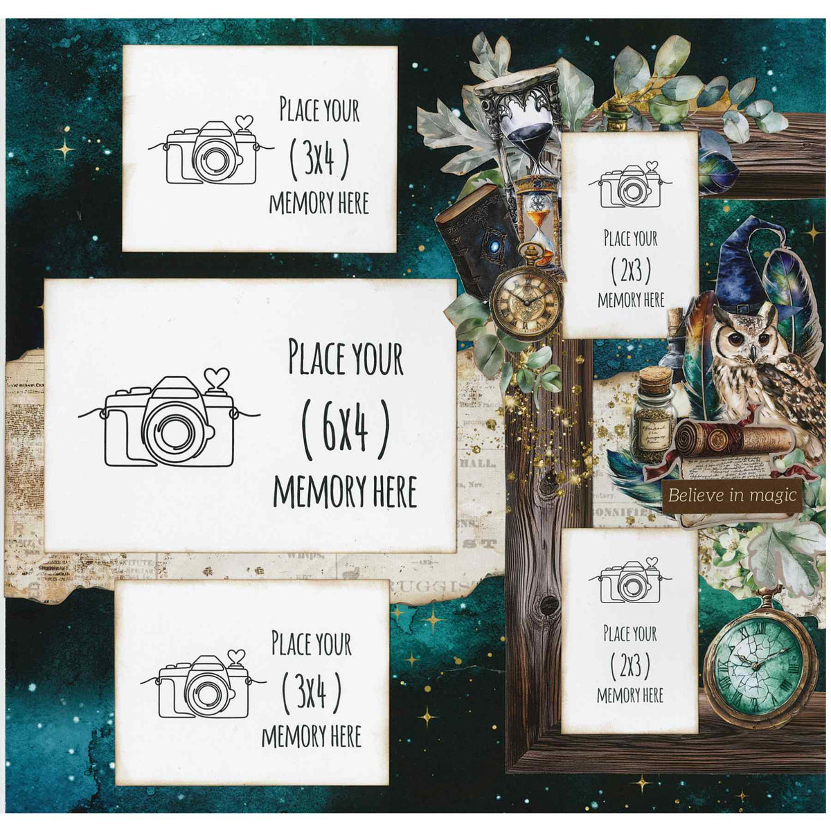 Wand Academy sample scrapbook layout with starry teal background, owl and five white photo placeholders
