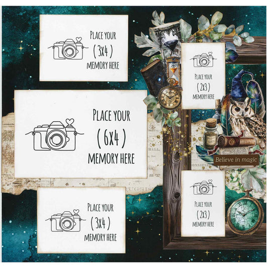 Wand Academy sample scrapbook layout with starry teal background, owl and five white photo placeholders