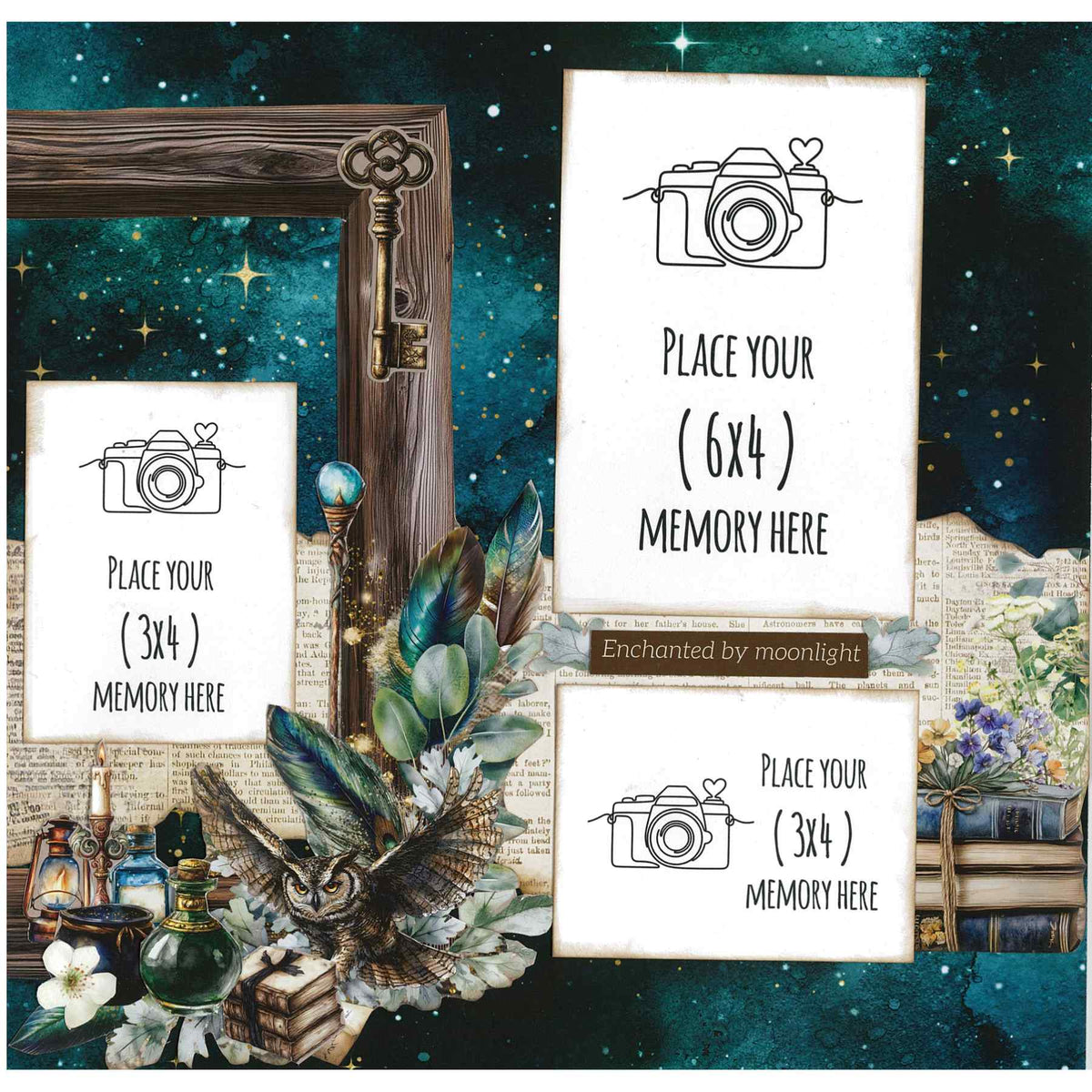 Wand Academy sample scrapbook layout with starry teal background, wooden frame and three white photo placeholders