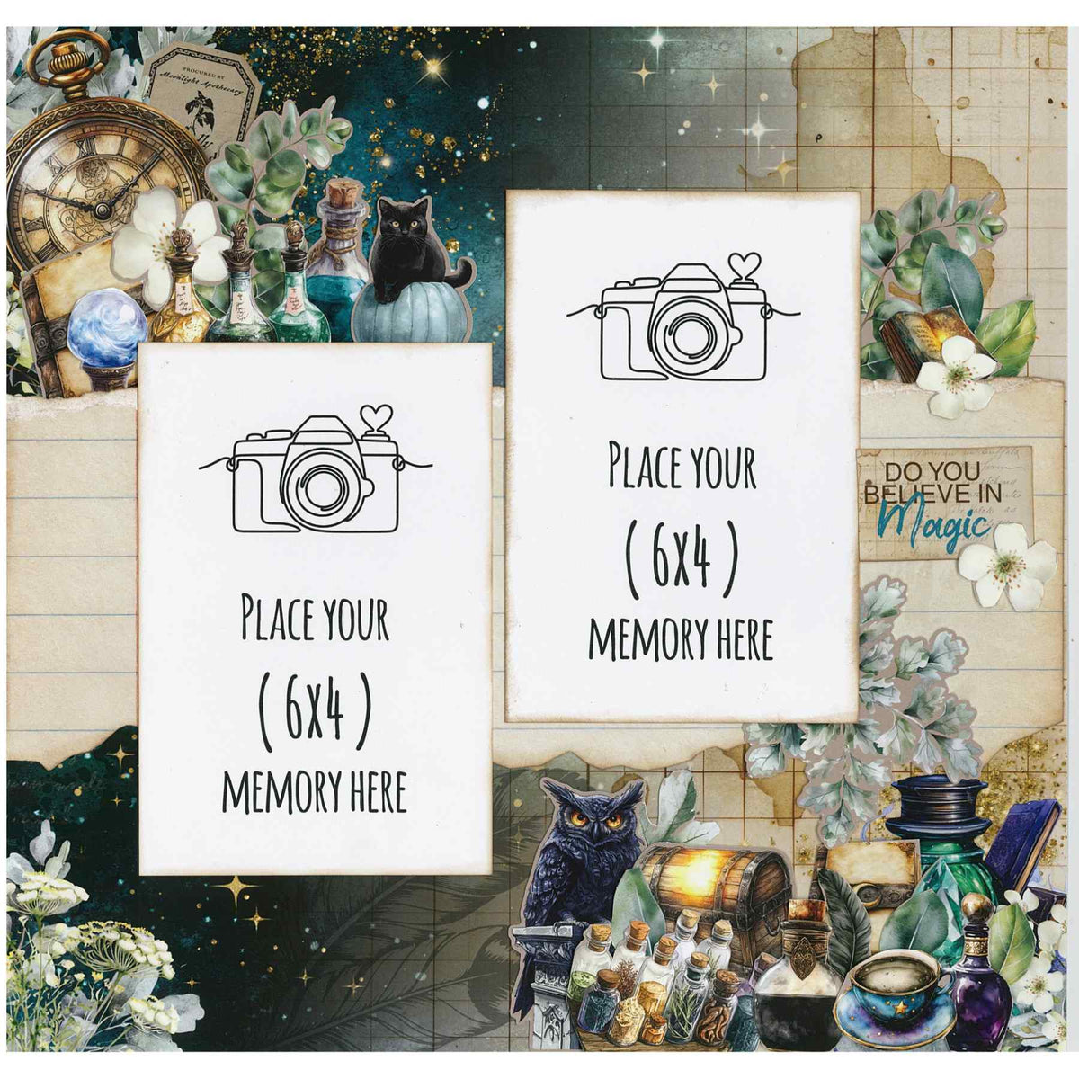 Wand Academy sample scrapbook layout with black cat, owl and two white photo placeholders