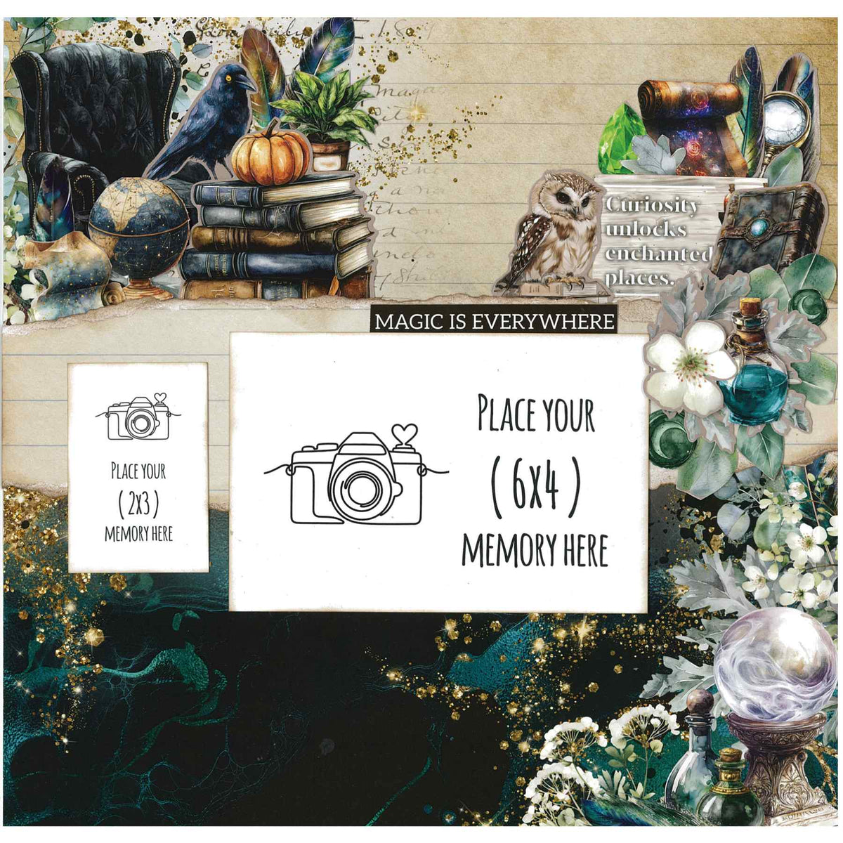 Wand Academy sample scrapbook layout with owl, raven, books and two white photo placeholders