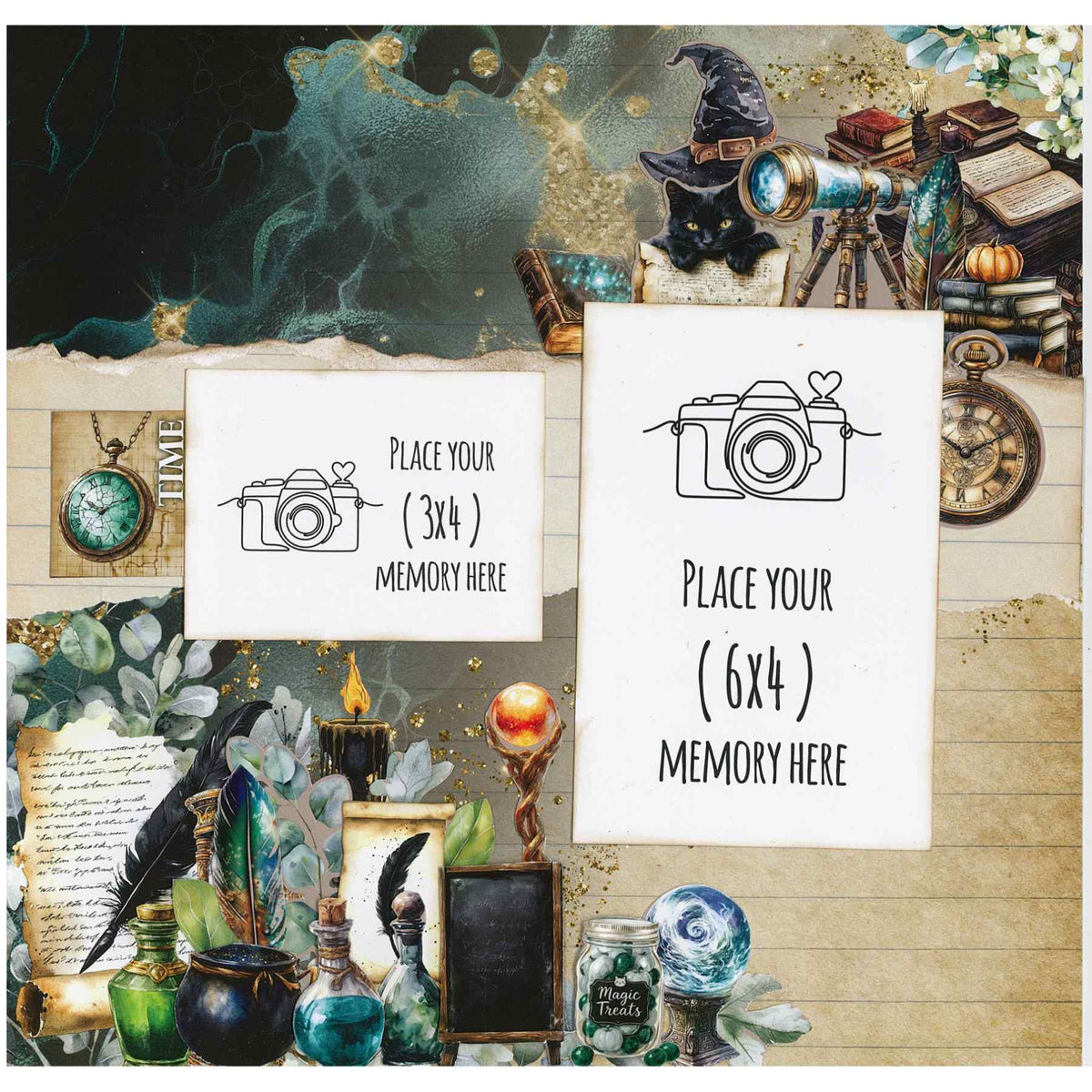 Wand Academy sample scrapbook layout with black cat in a witch hat, clock and two white photo placeholders