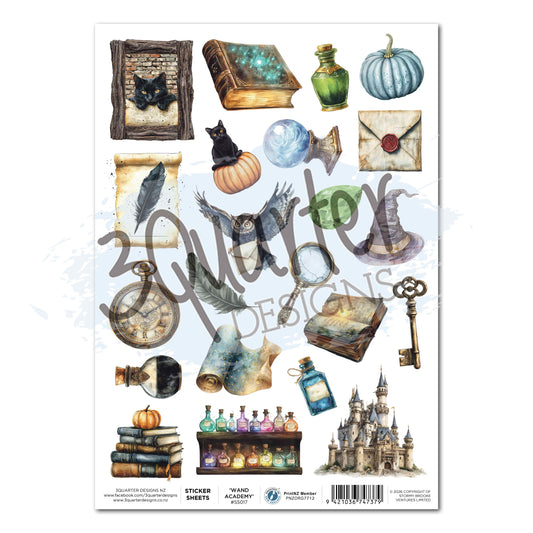 3Quarter Designs Wand Academy A4 sticker sheet with illustrated black cats, potion bottles, books, an owl, feathers, a key and a castle