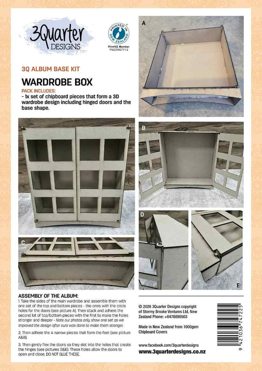 3Quarter Designs Wardrobe Box album base kit packaging showing the chipboard pieces, hinged doors and assembled 3D box