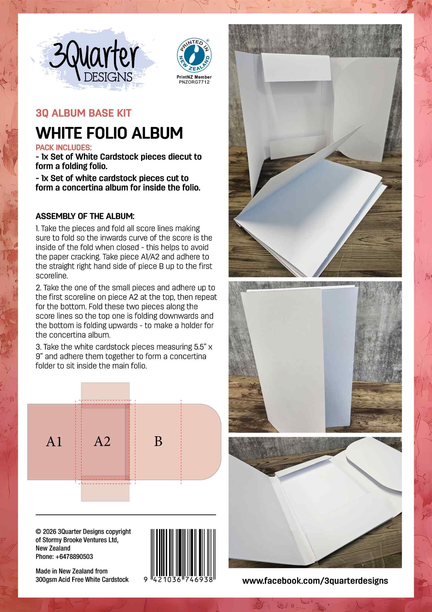 3Quarter Designs White Folio Album Base Kit packaging showing pre-scored white cardstock pieces for folding folio and concertina album insert, with assembly diagram and finished folio photos