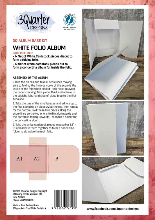 3Quarter Designs White Folio Album Base Kit packaging showing pre-scored white cardstock pieces for folding folio and concertina album insert, with assembly diagram and finished folio photos