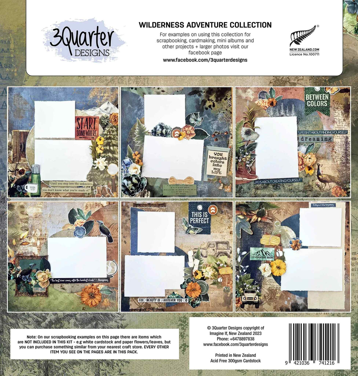 Back cover of Wilderness Adventure collection kit showing six scrapbook layout examples and product information