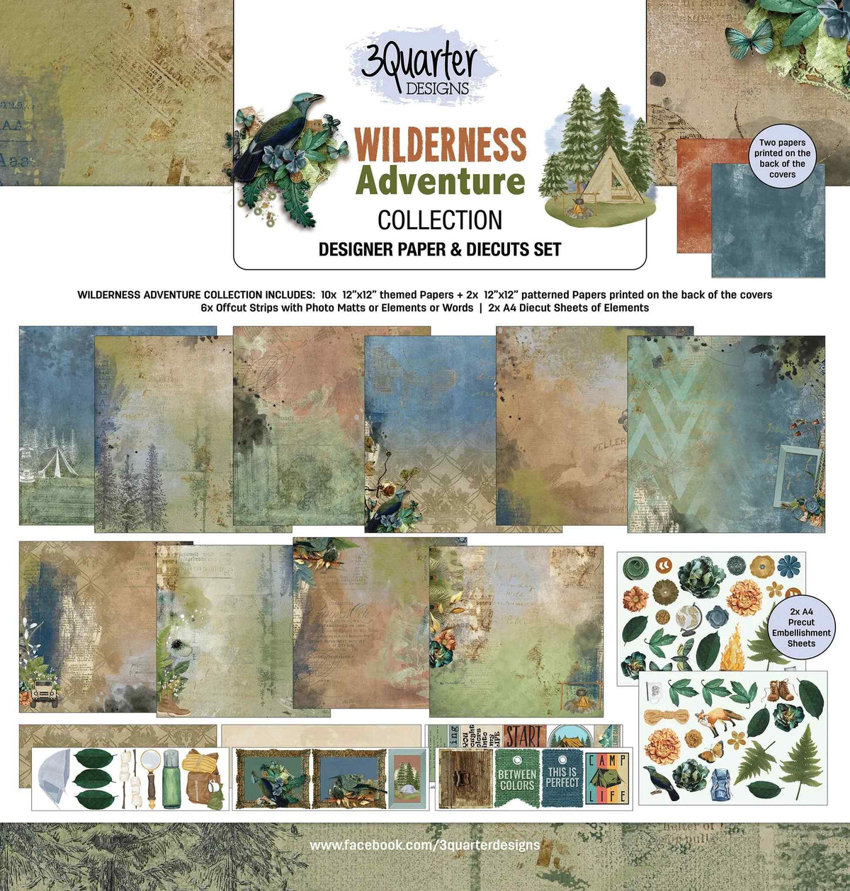 3Quarter Designs Wilderness Adventure collection kit front cover showing patterned papers, die-cut sheets and cut-out strips