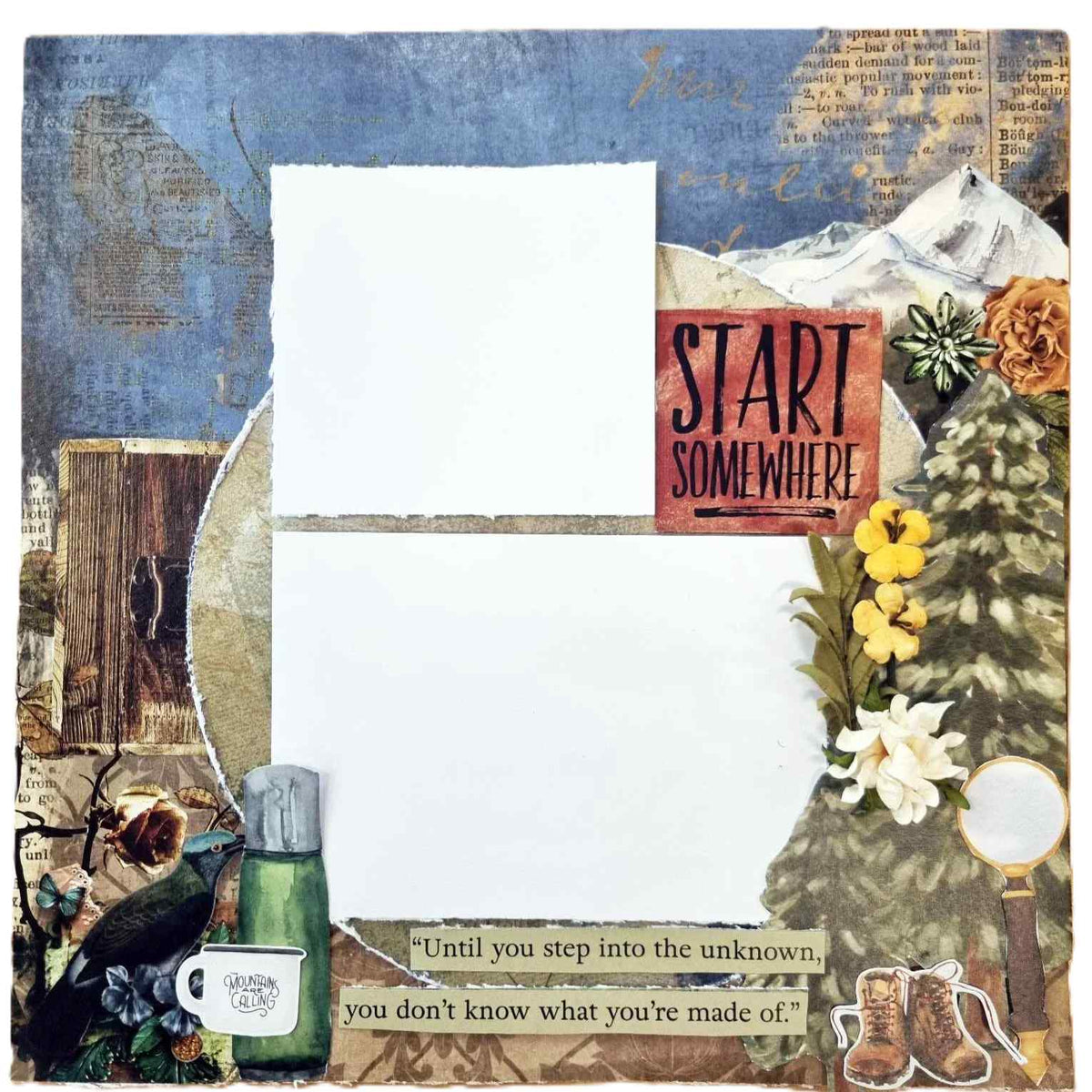 Wilderness Adventure scrapbook page with two photo spaces, mountains, flowers, hiking boots and Start Somewhere title