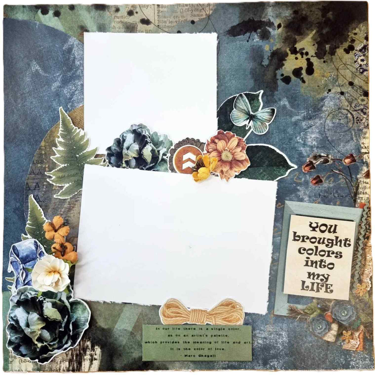 Wilderness Adventure scrapbook page with two photo spaces, layered flowers, butterfly and You Brought Colors Into My Life quote