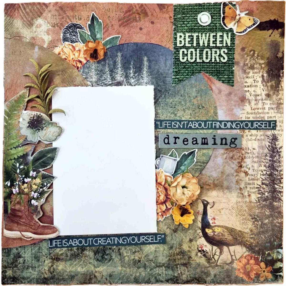 Wilderness Adventure scrapbook page with one photo space, flowers, a bird and Between Colors title