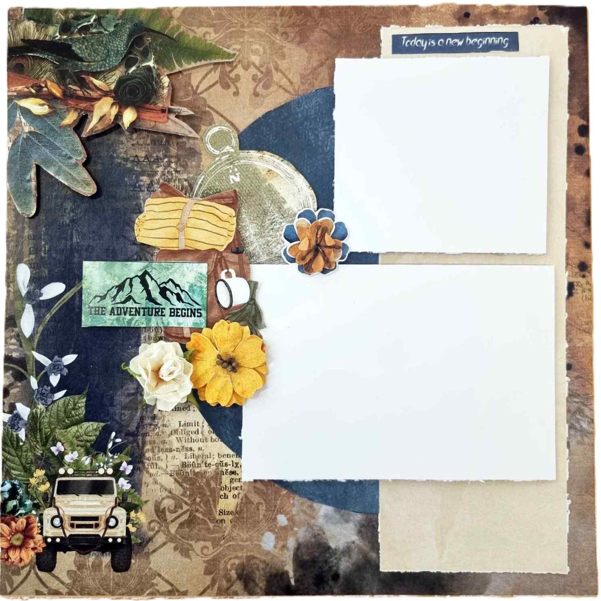 Wilderness Adventure scrapbook page with two photo spaces, globe, backpack, flowers and off-road vehicle