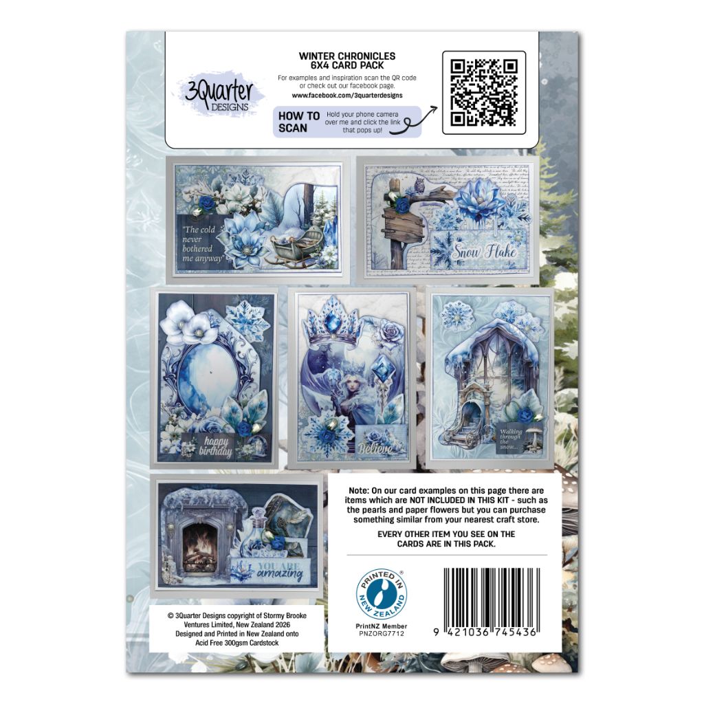 Back cover of Winter Chronicles card pack showing sample cards and product details