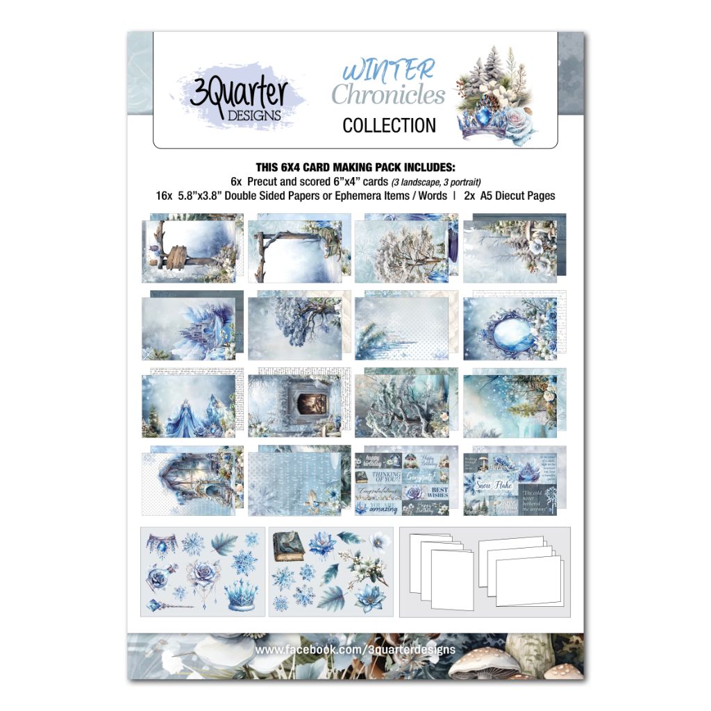 Promotional sheet for Winter Chronicles pack showing included cards, papers, and die-cuts in blue wintery scenes of trees, snow, fireplaces and more 