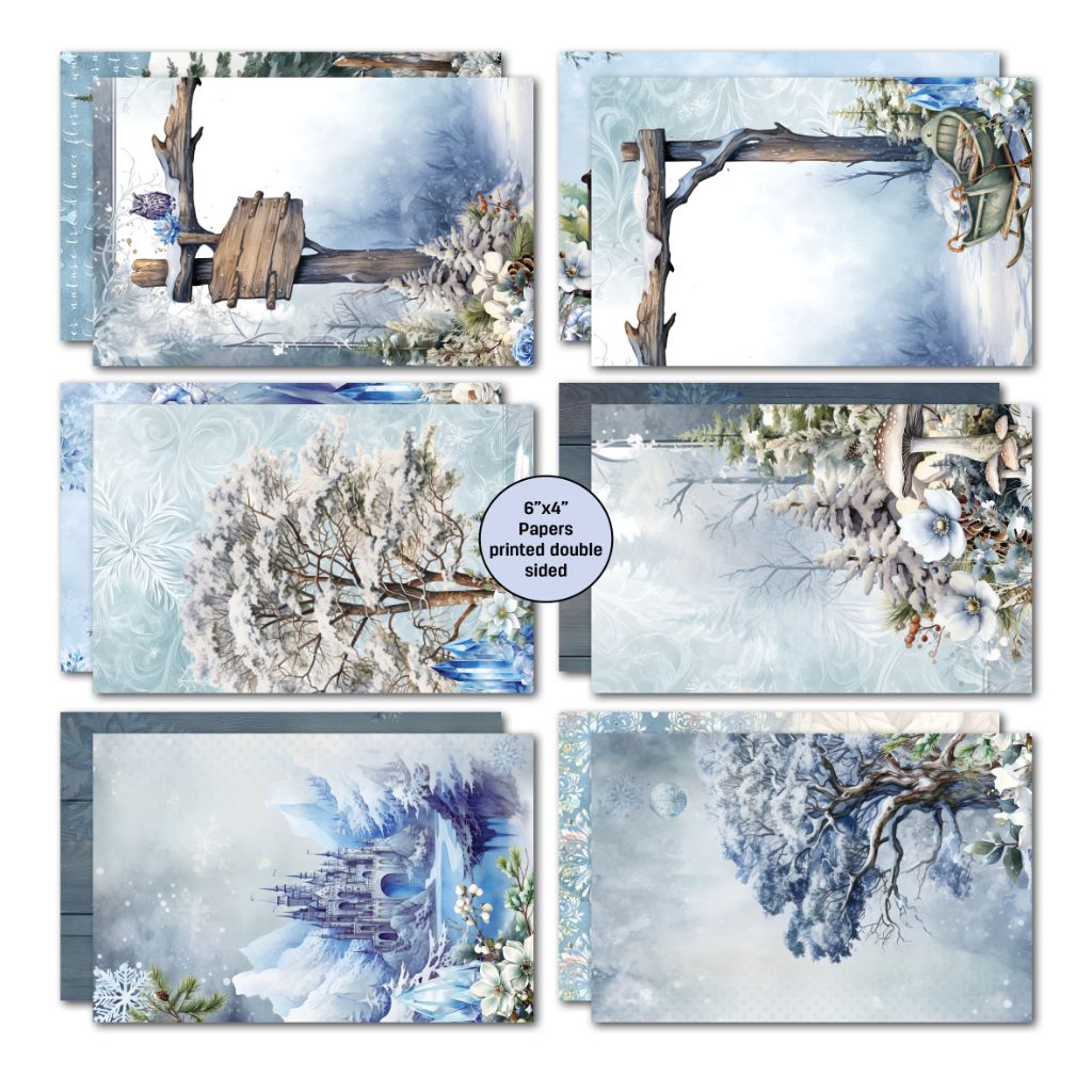 Winter-themed double-sided papers with icy tones, florals, castles, and vintage-style frames