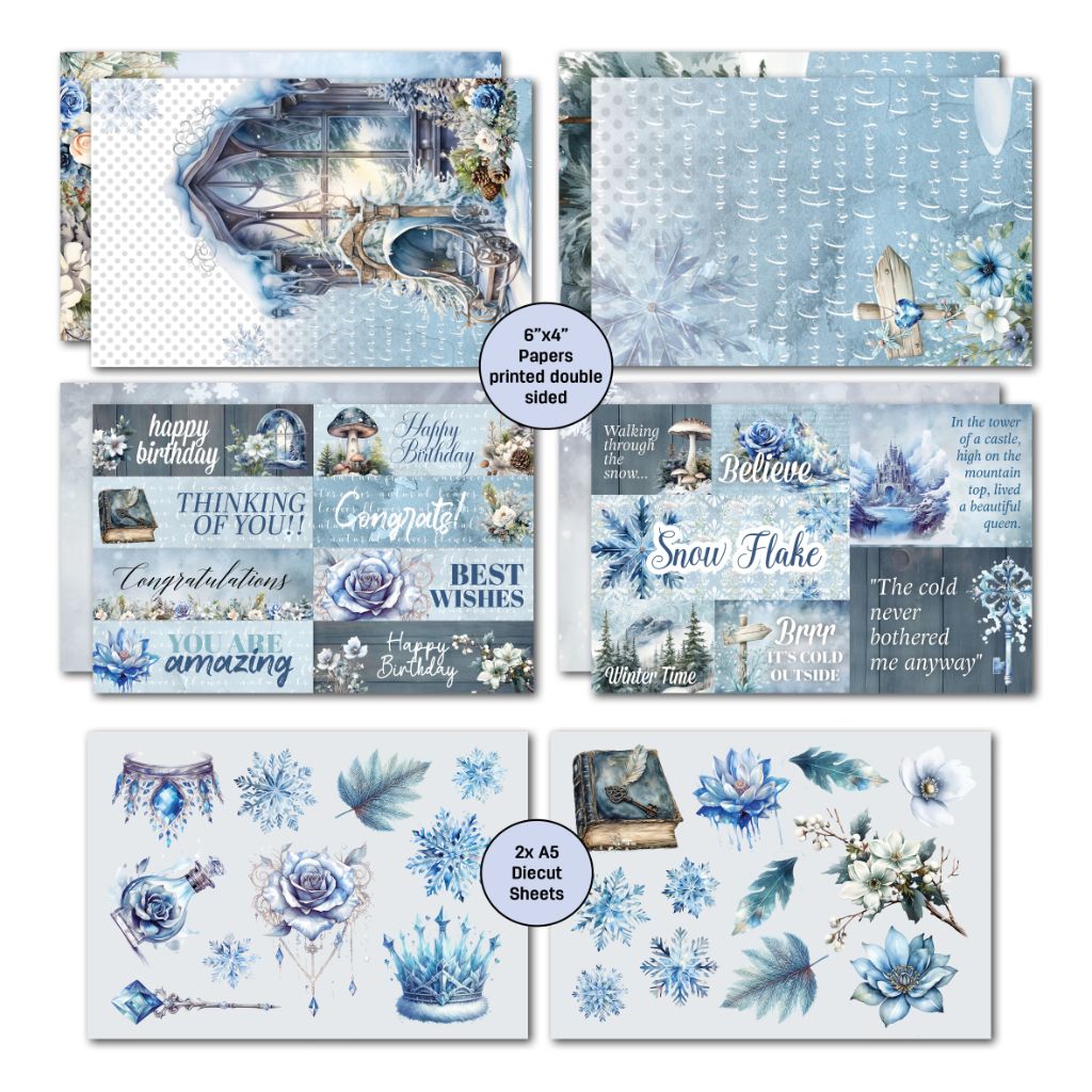 Winter Chronicles card pack contents showing printed papers and die-cut sheets with icy blue designs