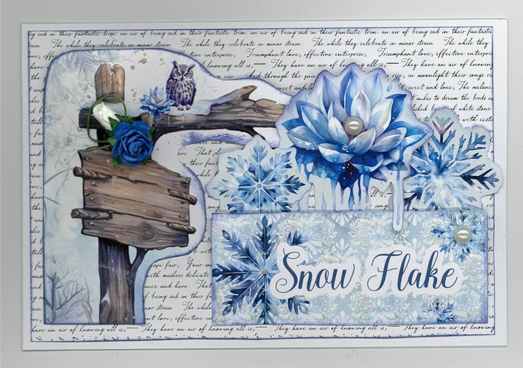 Snowflake-themed card with owl, blue rose, and “Snow Flake” sentiment on floral background