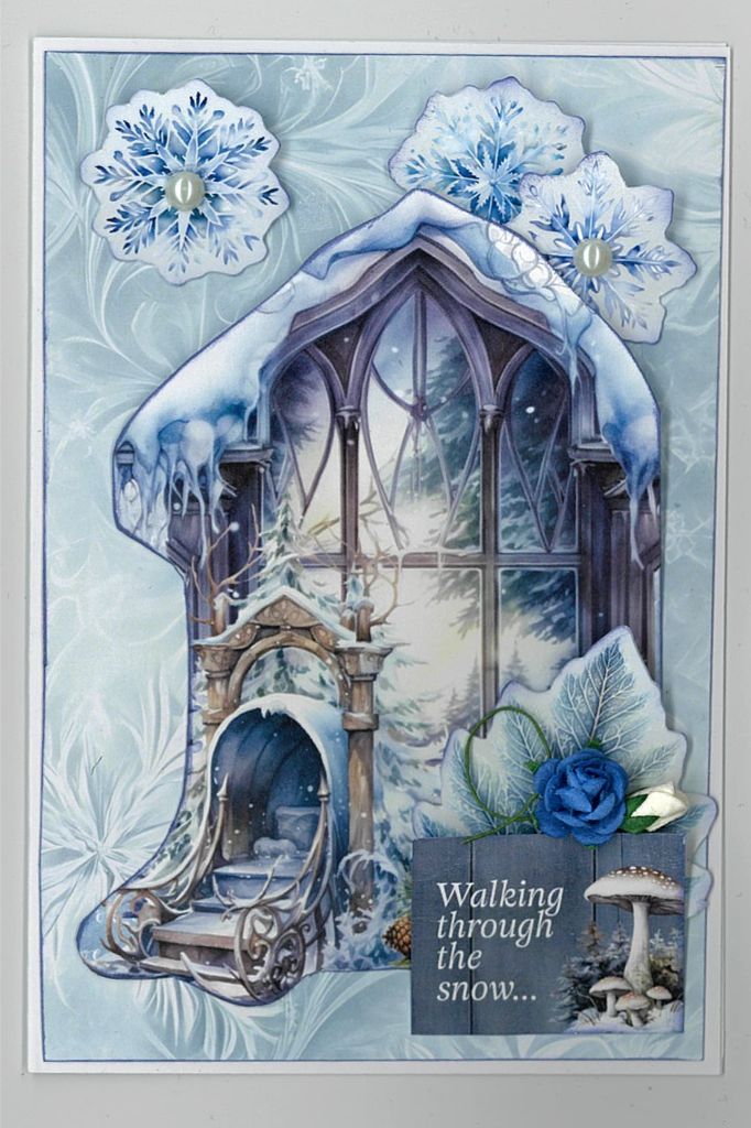 Decorative card with snowy sleigh, arched window, and “Walking through the snow…” sentiment