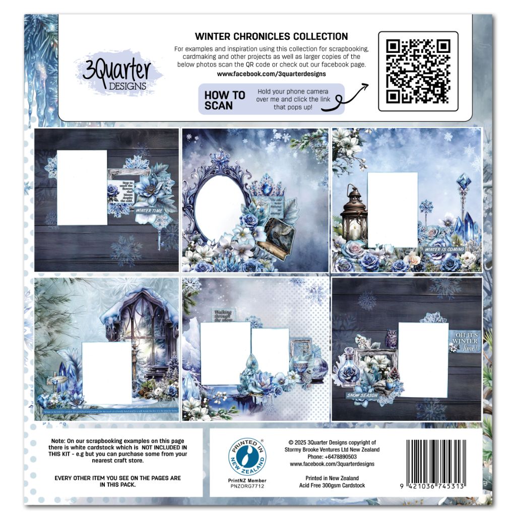 Winter Chronicles sample layouts with snowflakes, florals, and blank photo spaces for inspiration