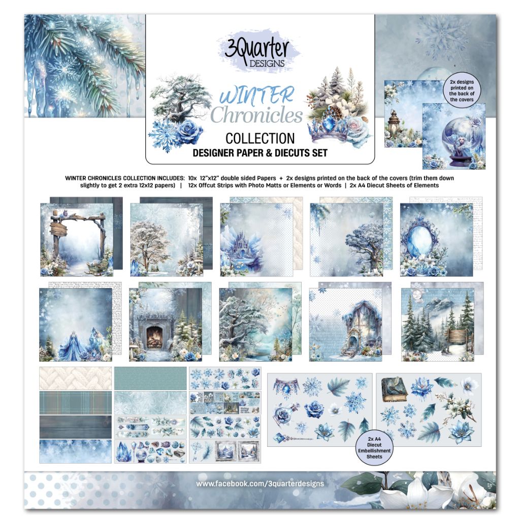 Winter Chronicles promotional sheet showing paper and die-cut contents with icy blue designs featuring snow, trees, fireplaces and whimsical scenes. 
