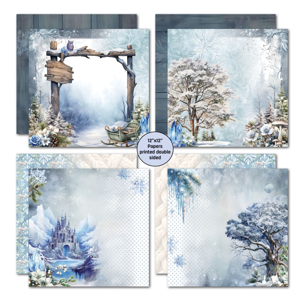 Winter-themed 12x12 papers with snowy trees, sleigh, ice castle, and frosted landscapes