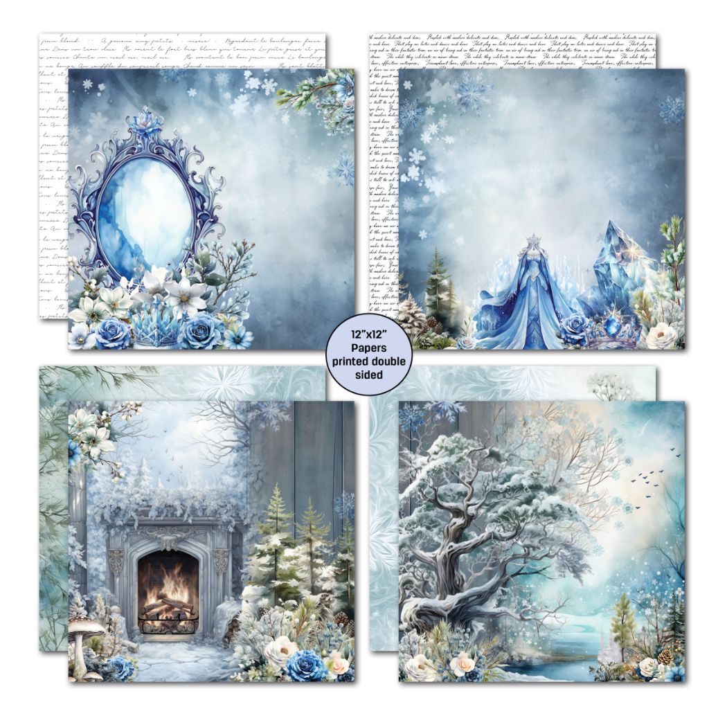 Fantasy-style 12x12 papers featuring mirror, regal figure, fireplace, and snow-covered tree