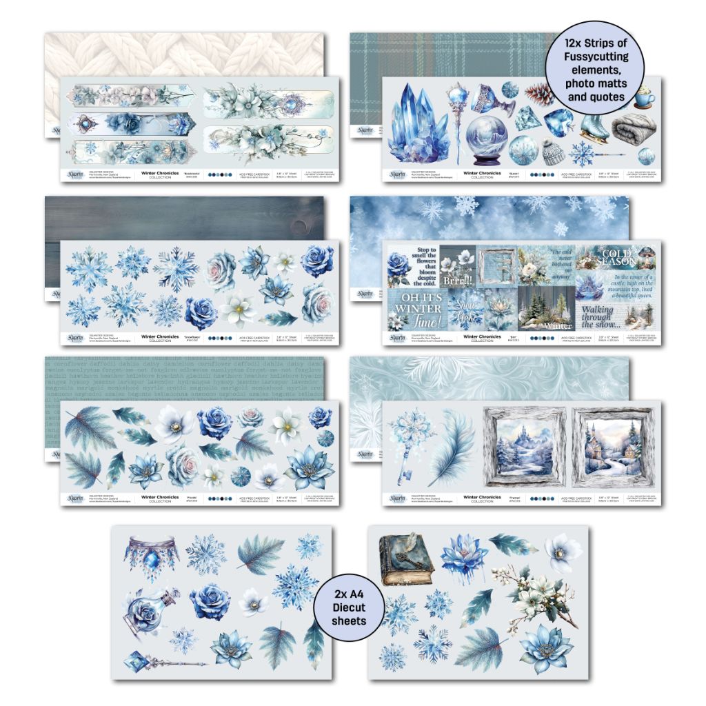 Winter Chronicles off-cut strips and die-cut sheets with quotes, florals, crystals, and scenic elements
