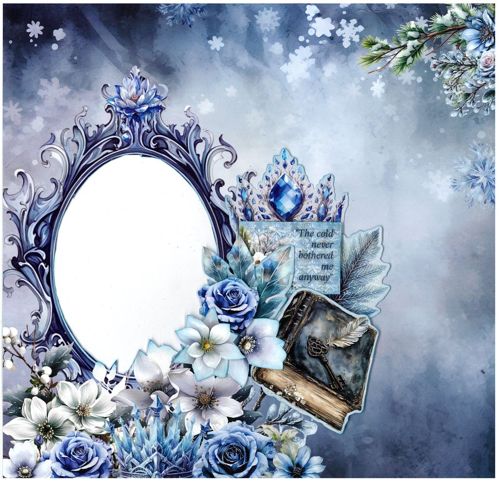 Scrapbook layout with icy frame, florals, crown, and quote “The cold never bothered me anyway”