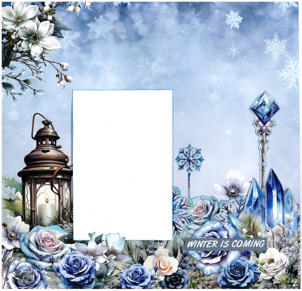 Scrapbook layout with snowflakes, lantern, icy florals, and quote “WINTER IS COMING”