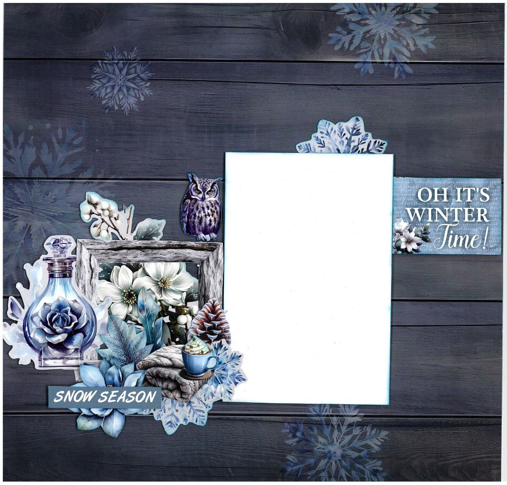 Scrapbook layout with owl, cup, florals, and quotes “SNOW SEASON” and “OH IT’S WINTER Time!”