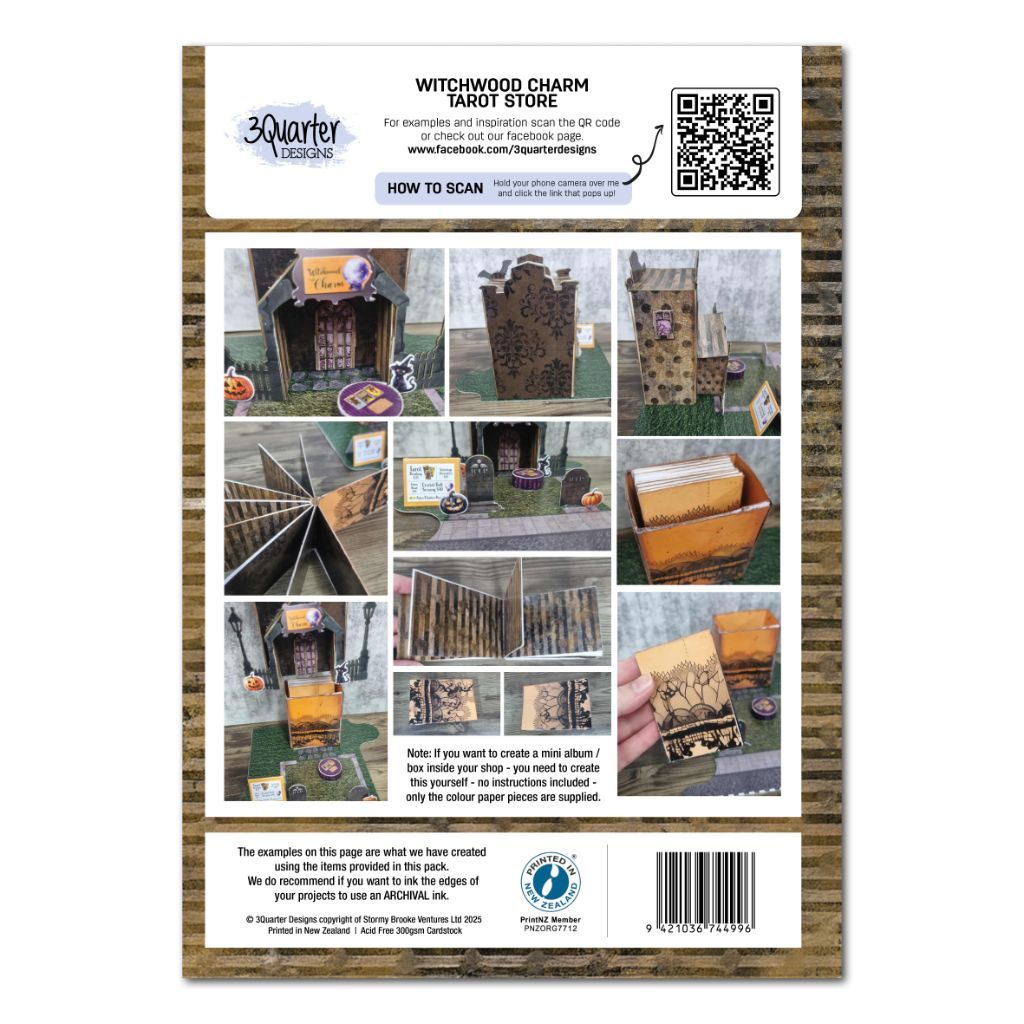 Back cover of the 3Quarter Lane Witchwood Charm Tarot Store kit showing multiple assembly angles including the tarot card display box, interior construction, kit contents, and inspiration for creating a mini album or box to sit inside the shop