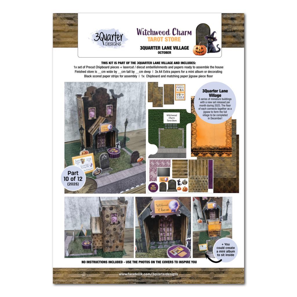 Front cover of the 3Quarter Lane Witchwood Charm Tarot Store kit showing the assembled miniature gothic Halloween shop with crooked roofline, bare branch tree, wrought iron fence, tombstones, jack-o'-lanterns, street lamp, black cat, and Witchwood Charm Tarot Store signage on a graveyard base board