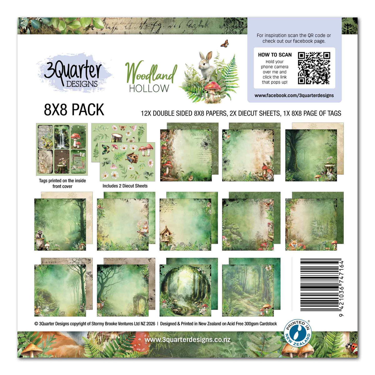 3Quarter Designs Woodland Hollow 8x8 Paper Pack with 12 double-sided papers, two die-cut sheets and a page of tags.