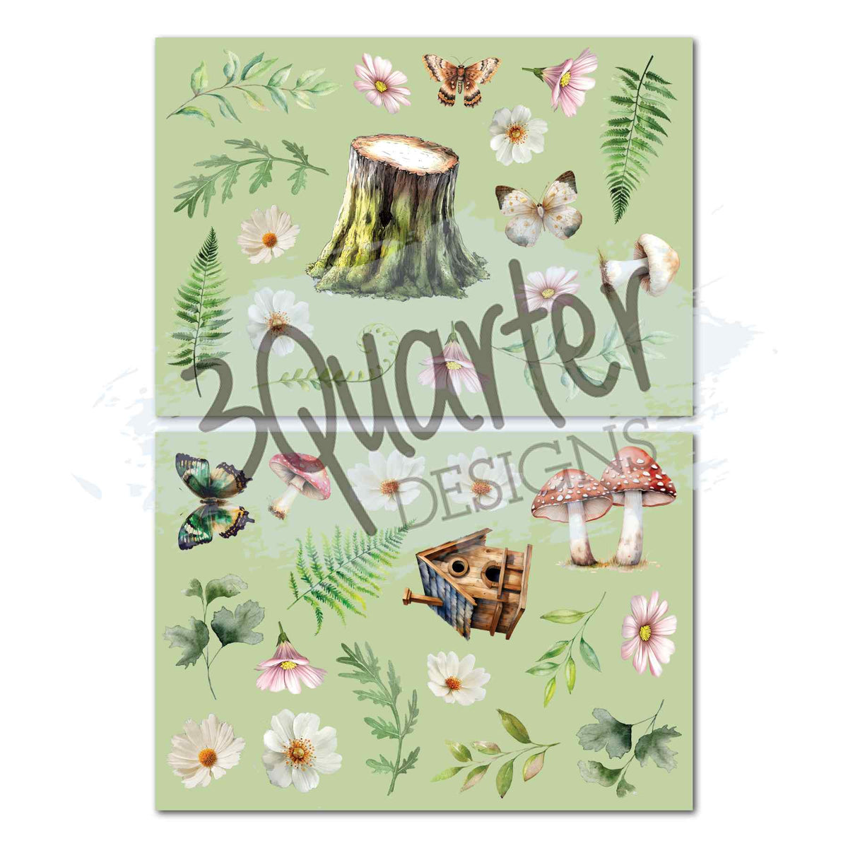 Woodland Hollow die-cut sheets with flowers, butterflies, ferns, mushrooms, a tree stump and a birdhouse.