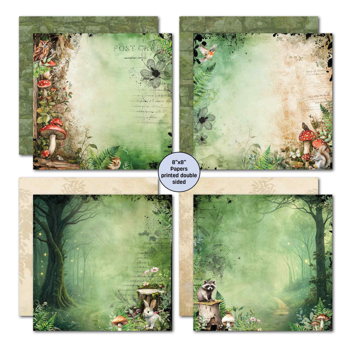 Woodland Hollow 8x8 papers with mushrooms, woodland animals, forest backgrounds and green and cream reverse patterns.