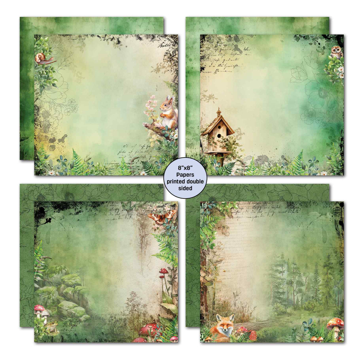 Woodland Hollow 8x8 papers with a squirrel, owl, fox, birdhouse, mushrooms and leafy borders.